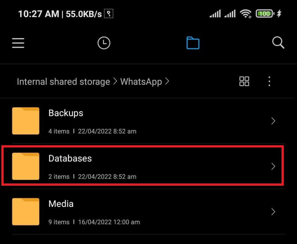 Bases de datos en la carpeta de datos de WhatsApp