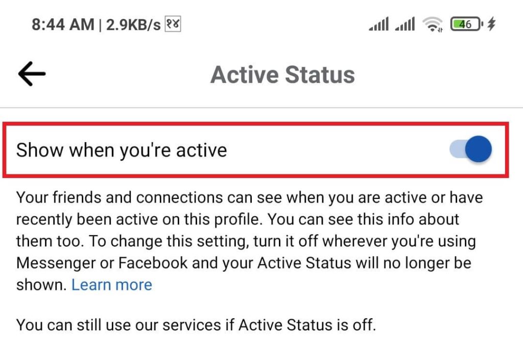 Apague el estado activo usando la aplicación Fb