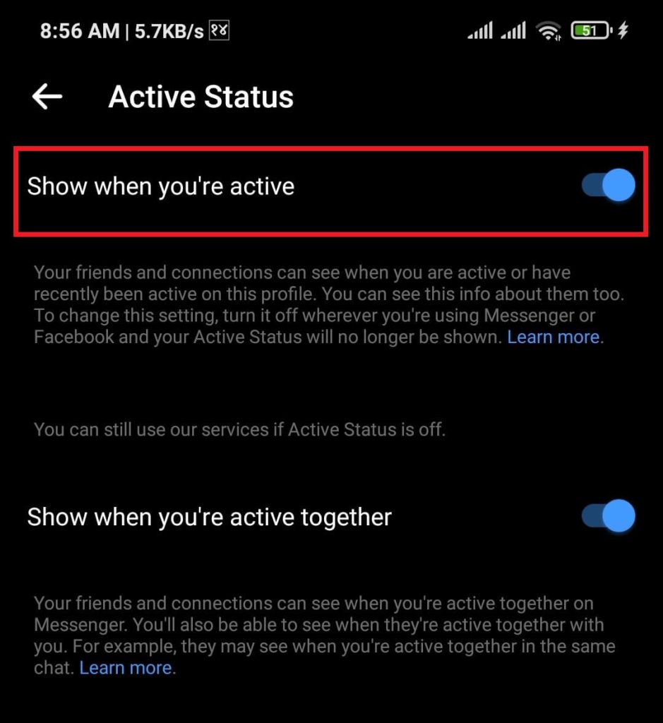 Desactivar el estado activo en Messenger