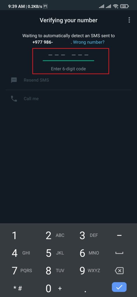 Código de confirmación en WhatsApp