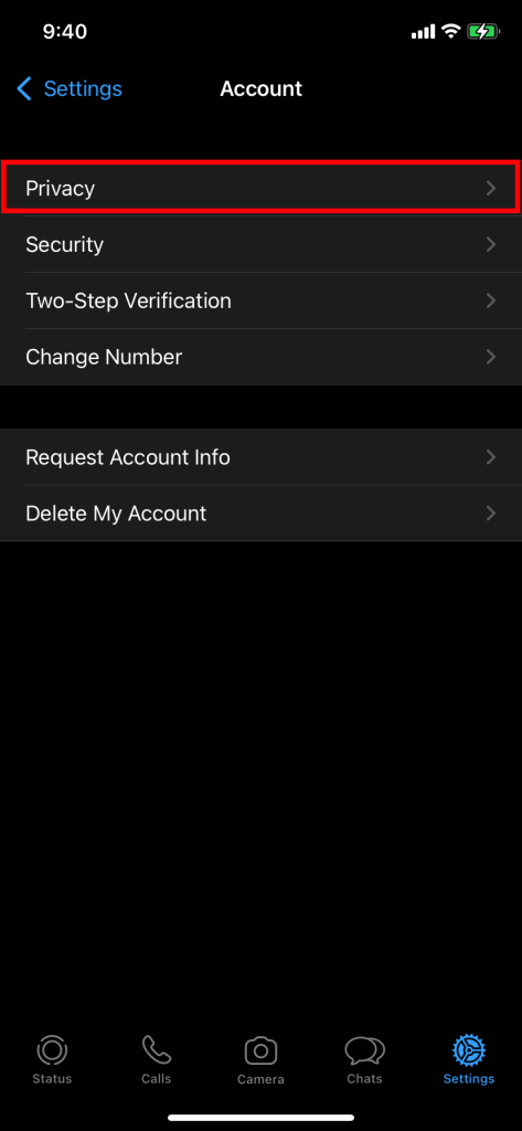 Opción de privacidad de WhatsApp en iOS