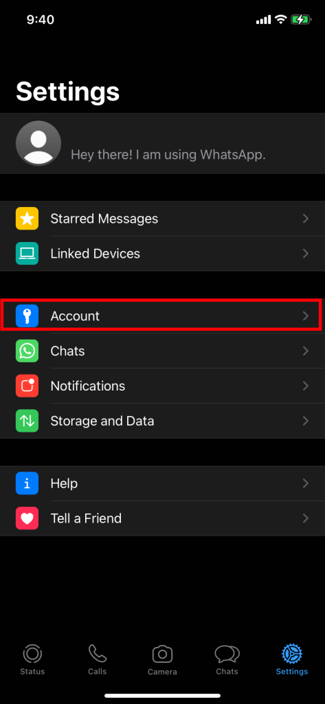 Página de configuración de WhatsApp en iOS