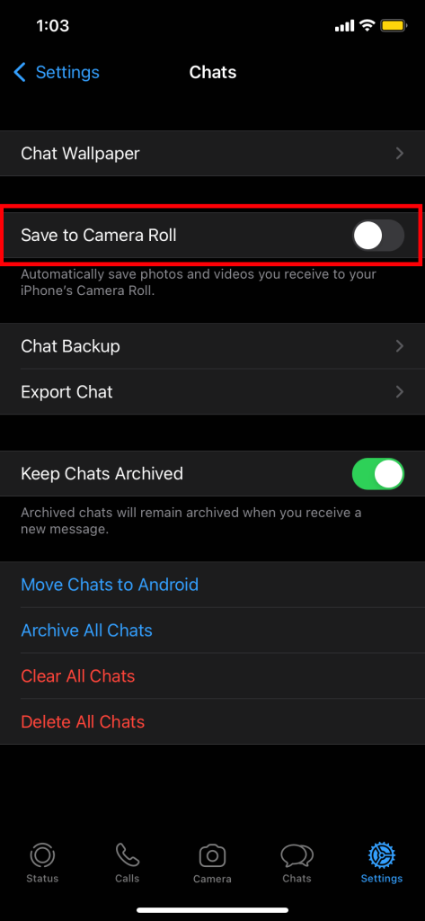 alternar el carrete de la cámara para evitar que WhatsApp guarde fotos