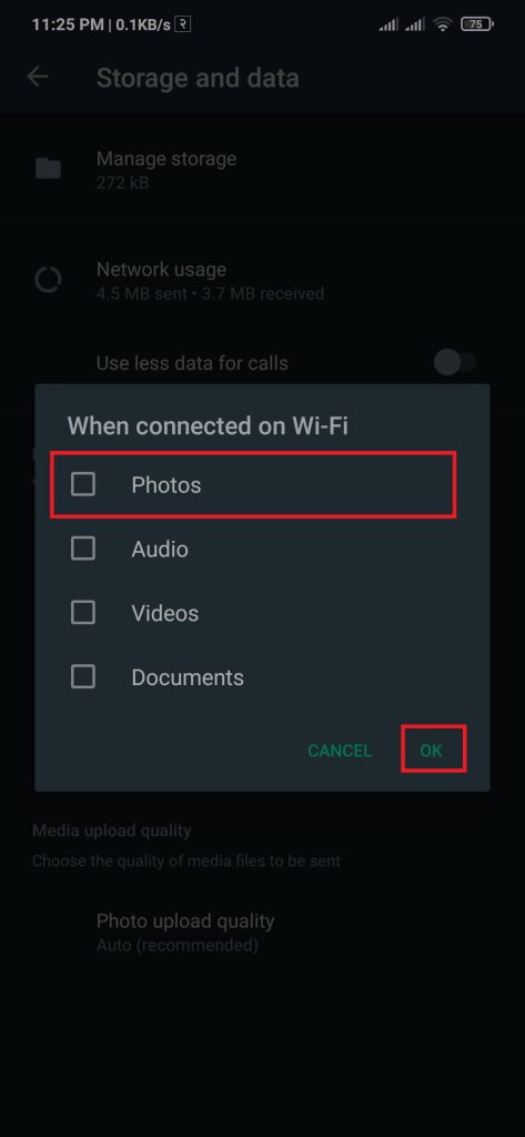 Anule la selección de Fotos para detener el guardado automático de fotos de WhatsApp