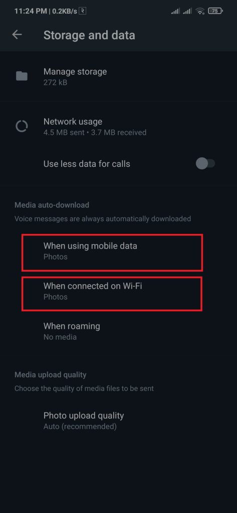 Seleccione la opción de datos en WhatsApp
