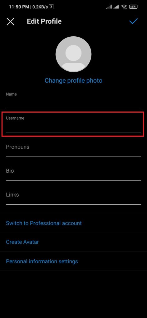 Elige un nombre de usuario de instagram