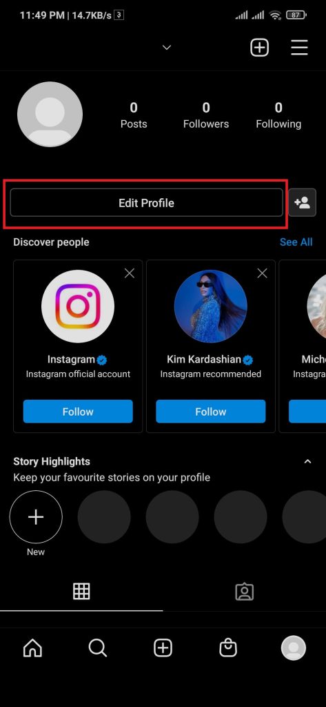 Editar perfil para cambiar el nombre de usuario de Instagram