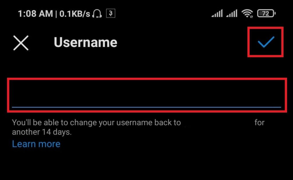 finalizar un nuevo nombre de usuario de Instagram en Android