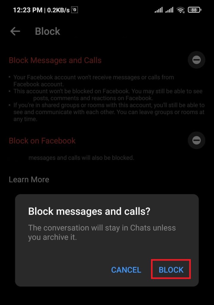 Confirmar el bloqueo en el messenger.