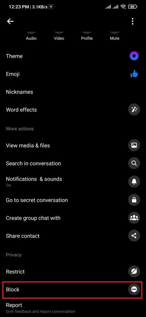 Bloquear a un usuario en Messenger