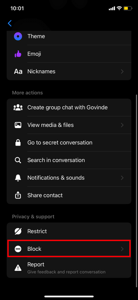 Opción de bloqueo en Messenger