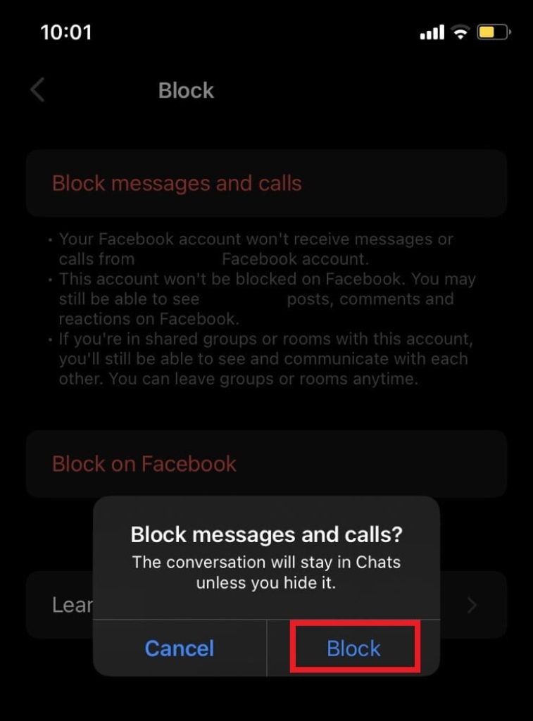 confirmar bloqueo en Messenger