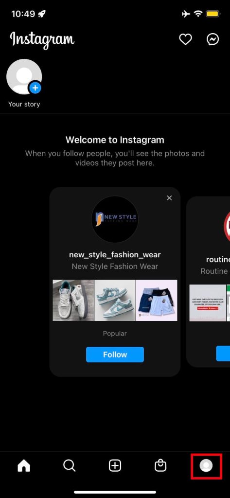 Insta pantalla de inicio