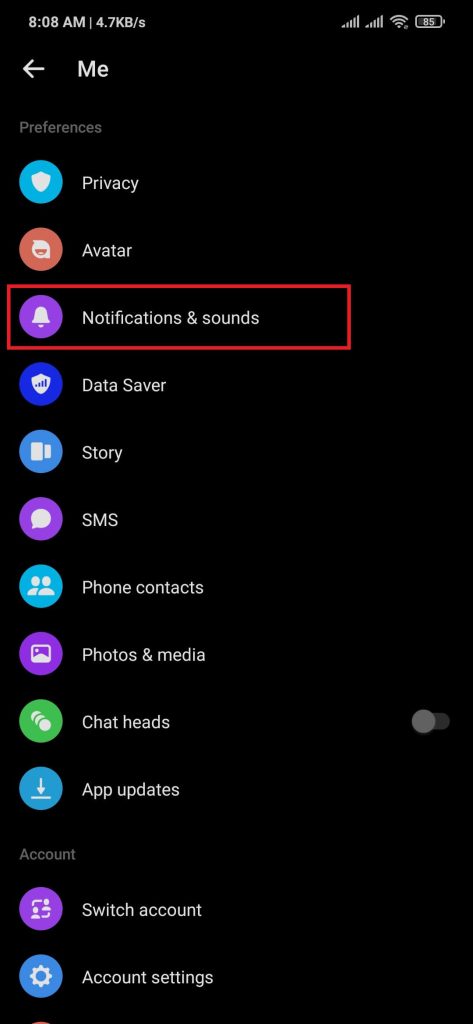 Elección de notificaciones y sonidos