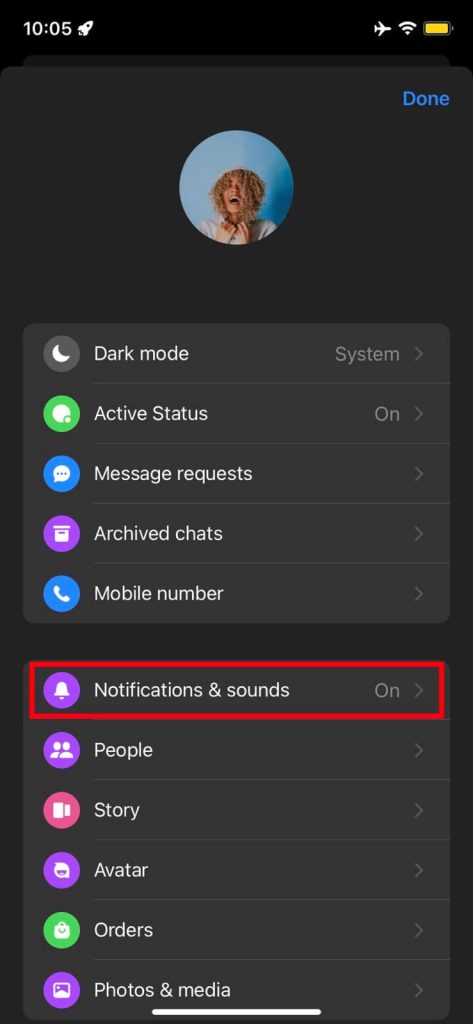Elección de notificaciones y sonidos en la configuración de Messenger