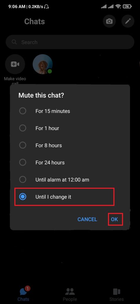 Silenciar el chat para desactivar el sonido de Messenger