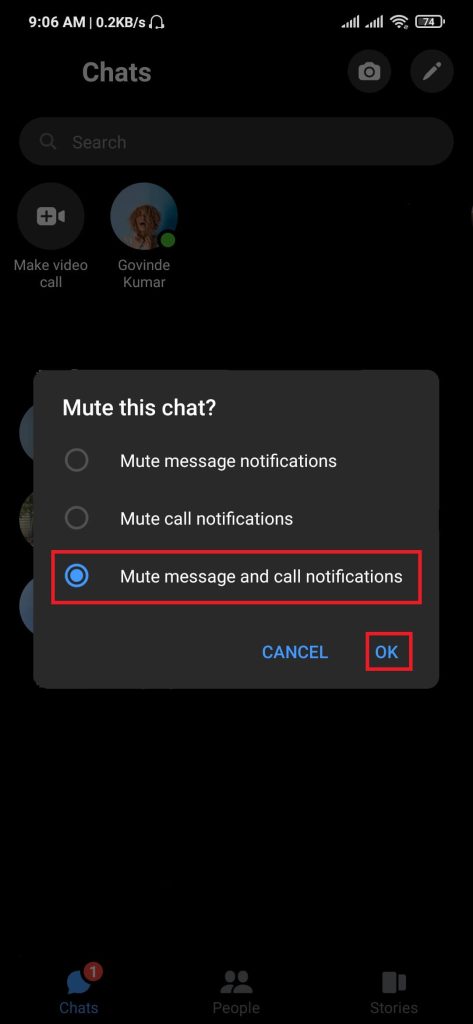 Silenciar mensajes y notificaciones de llamadas en Messenger