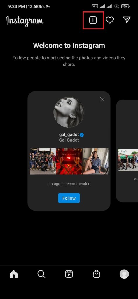 Página de inicio de Instagram en Android