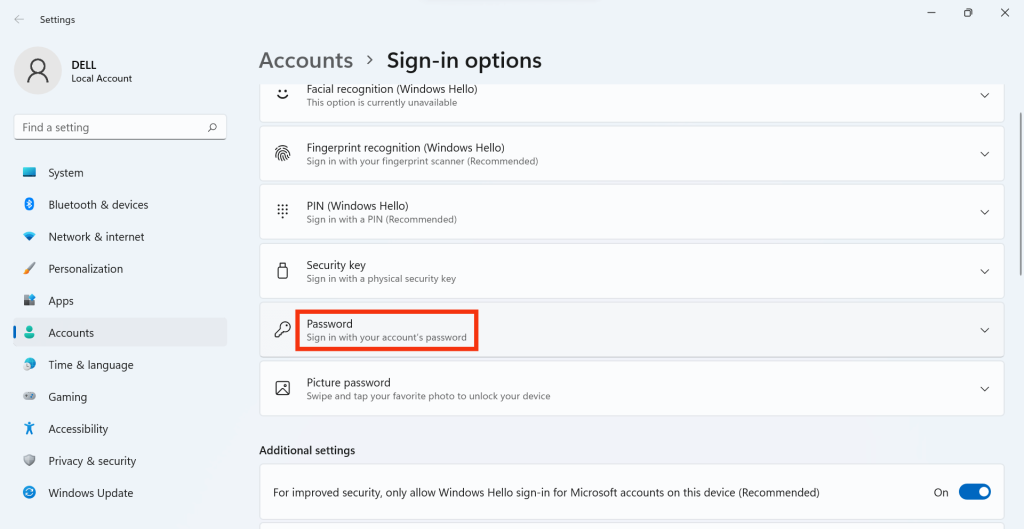 Opción de contraseña de Windows 11