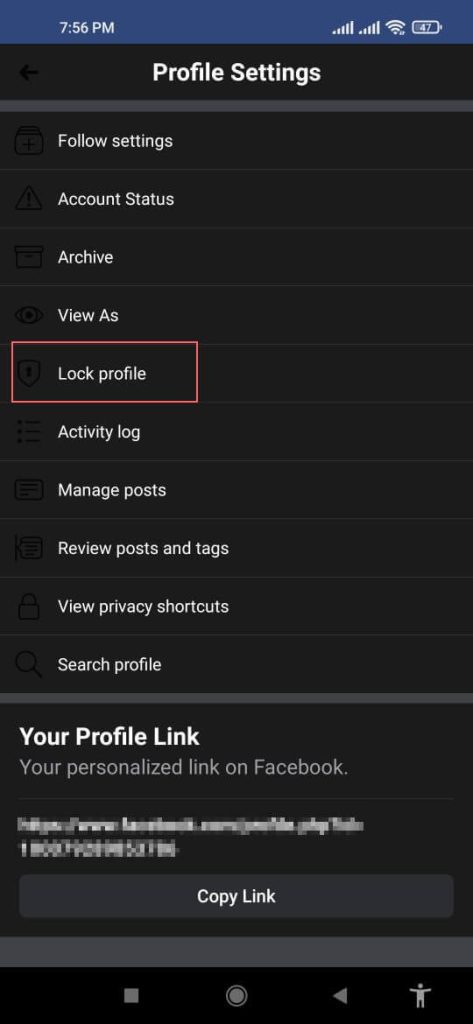 Opción de bloqueo de perfil FB