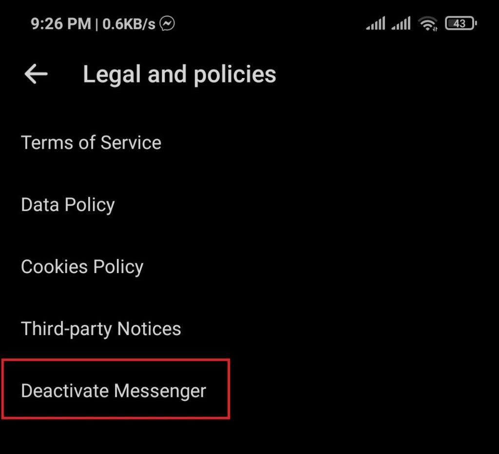Desactivar la opción Facebook Messenger