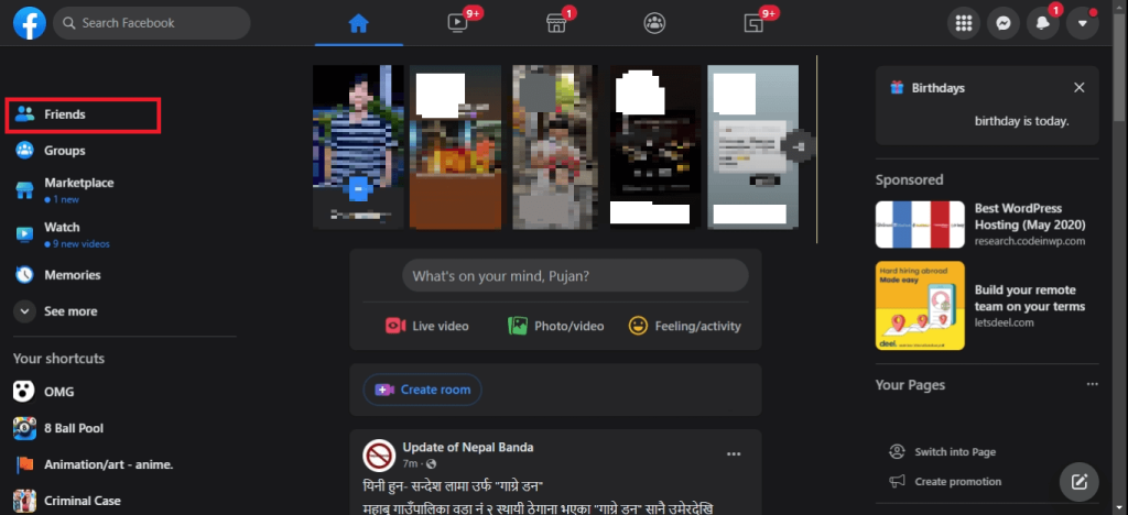 página de inicio de facebook
