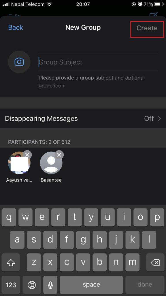 Después de mencionar el nombre del tema del grupo y crear un grupo en WhatsApp