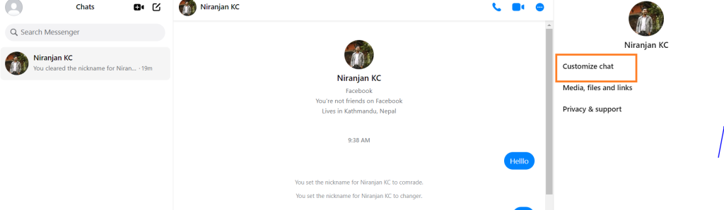 seleccione personalizar chat para obtener una opción de apodo en Facebook Messenger