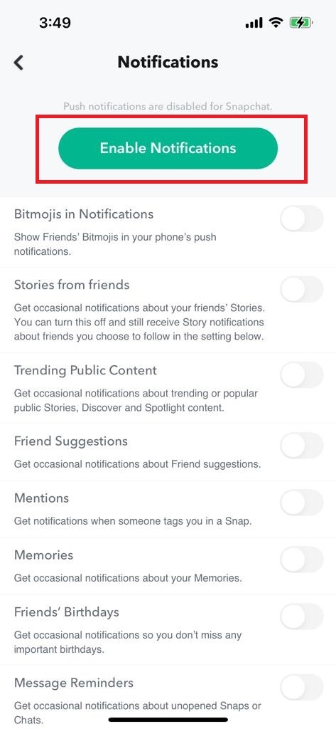 Habilite la función de notificación de la aplicación Snapchat
