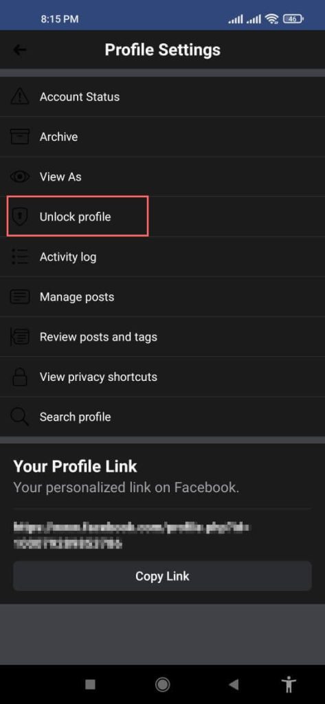 Desbloquear opción de perfil