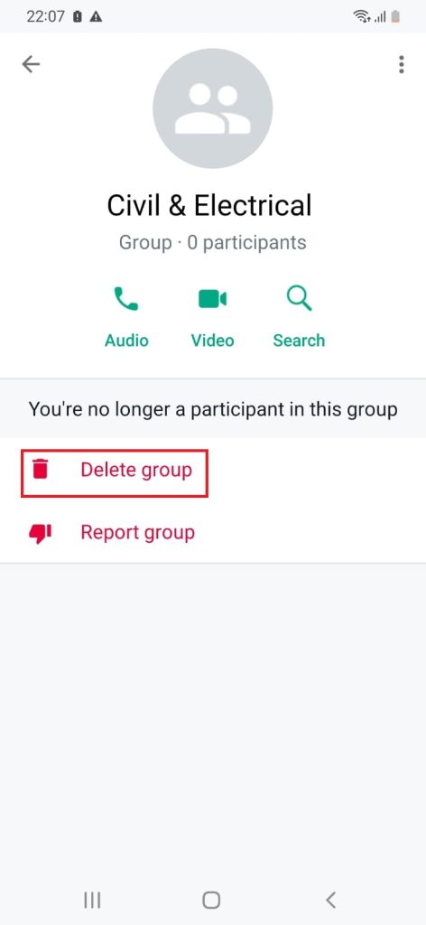 Eliminar el icono de grupo para eliminar un grupo de WhatsApp.