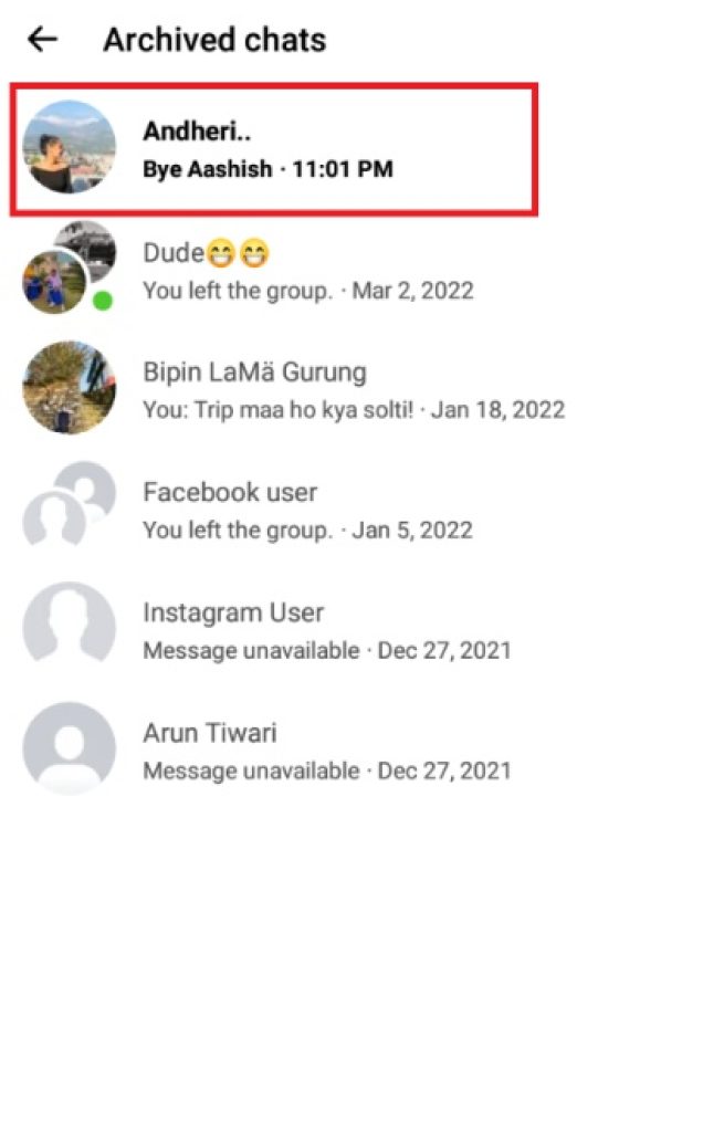 Conversaciones archivadas en Messenger