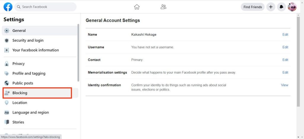 Opción de bloqueo en FB