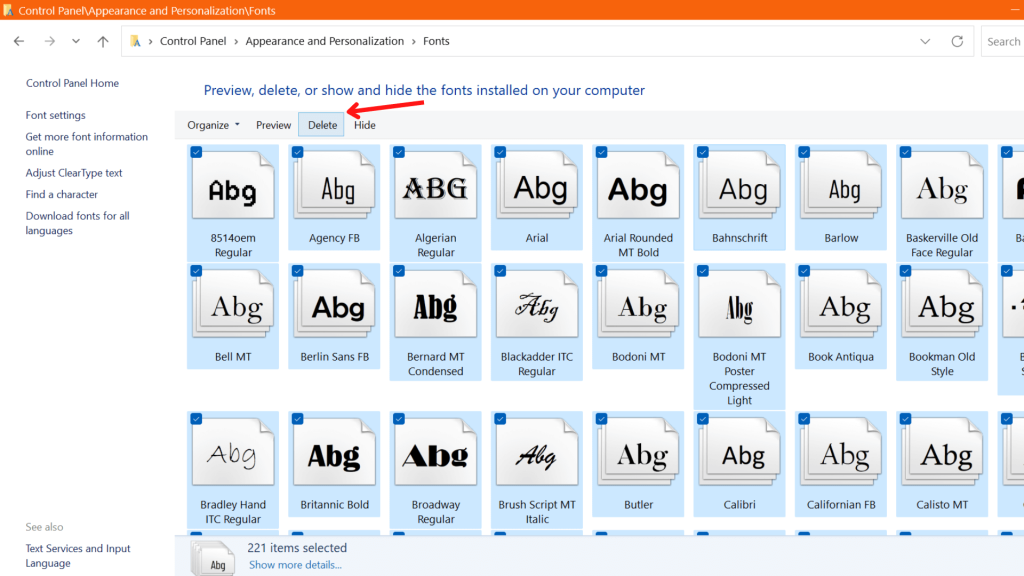 Eliminar archivos de fuentes en la computadora.