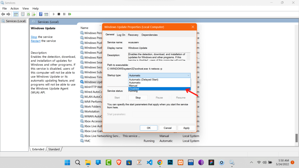 Imagen que muestra cómo deshabilitar el tipo de inicio de actualización de Windows