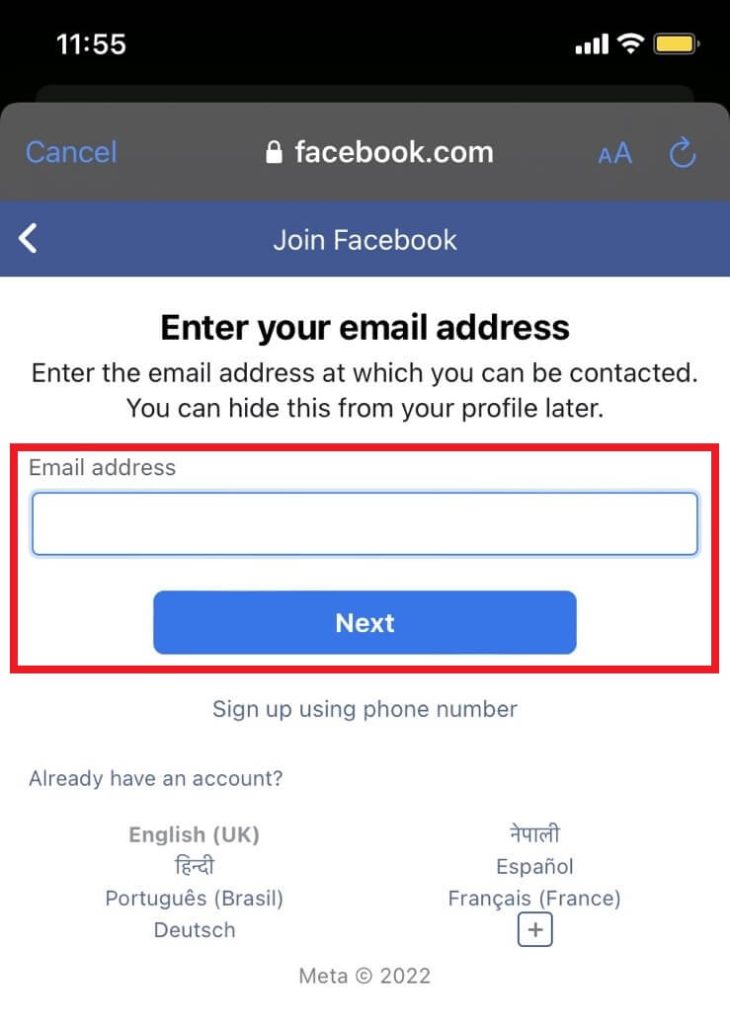 Introduce una dirección de correo electrónico o un número de teléfono activo