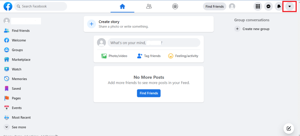 Página de inicio de escritorio de Facebook