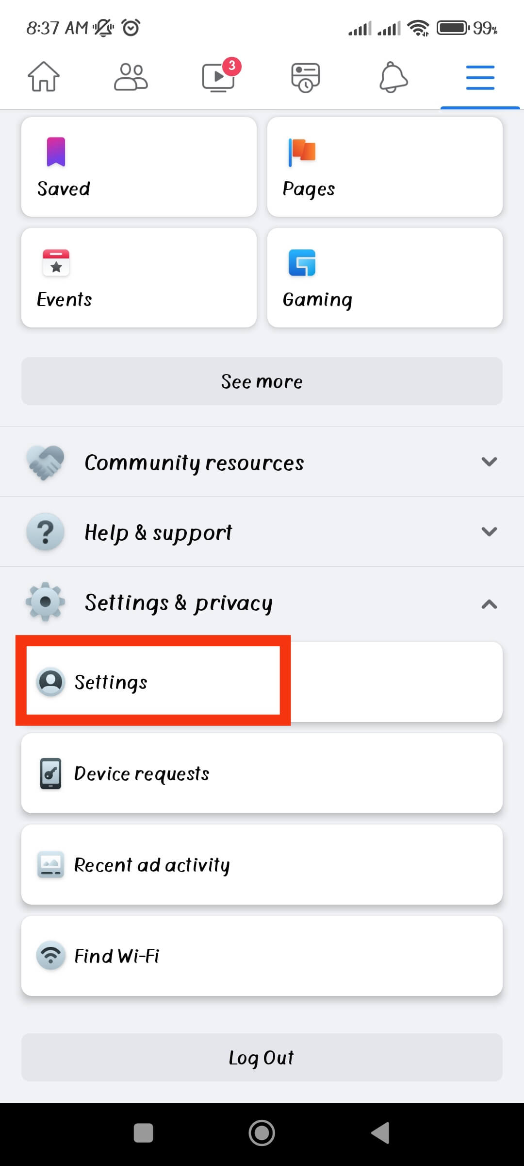 configuración de facebook