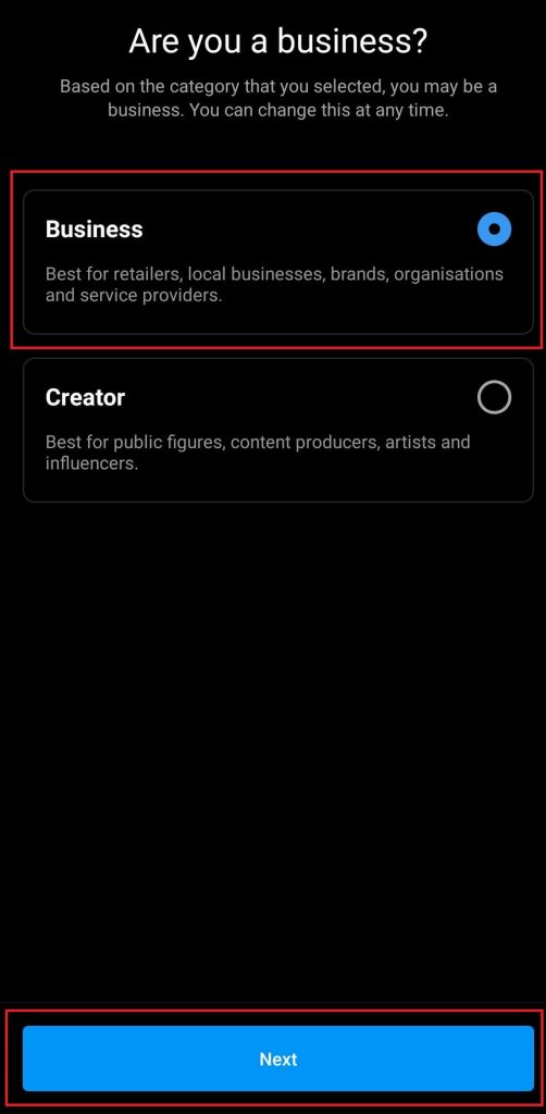Tipo de página de negocios para crear una página de Instagram