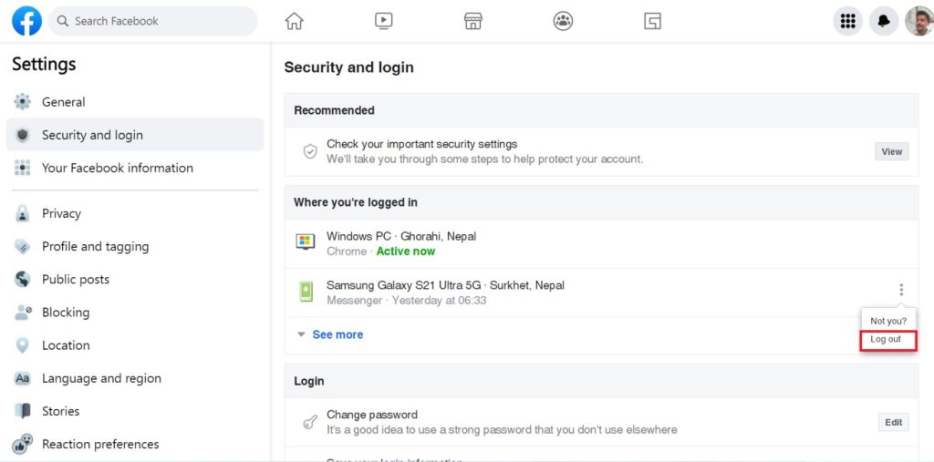 Cerrar sesión en Facebook Messenger