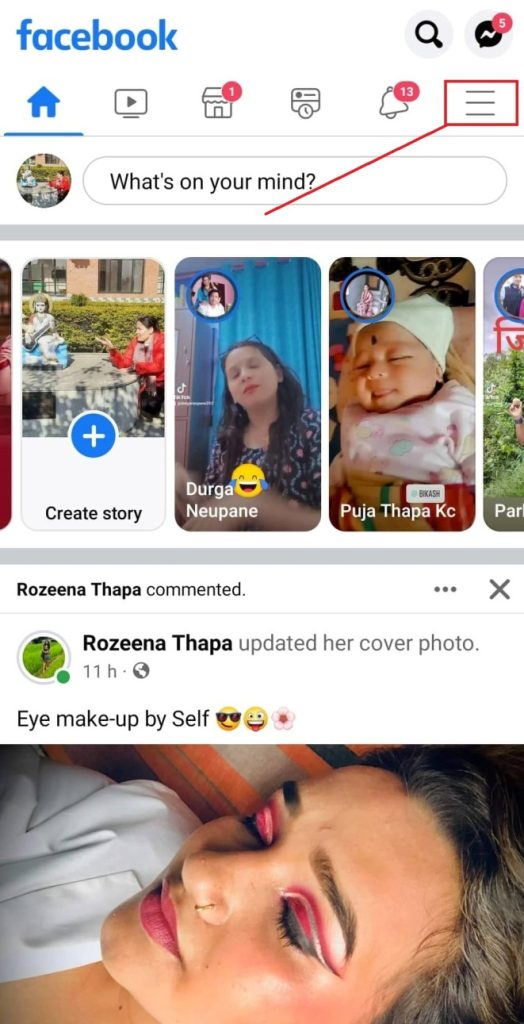 Pantalla de inicio de Facebook