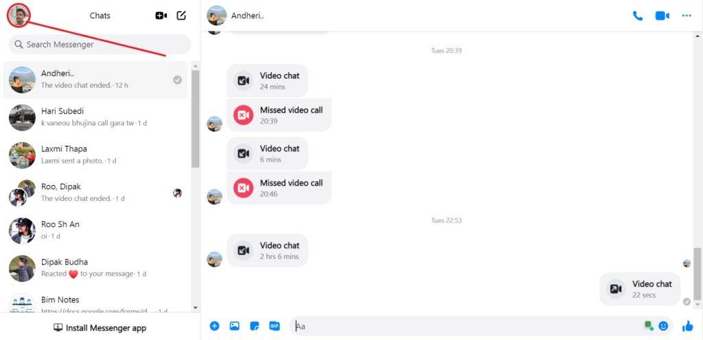 Sección de chat de Messenger