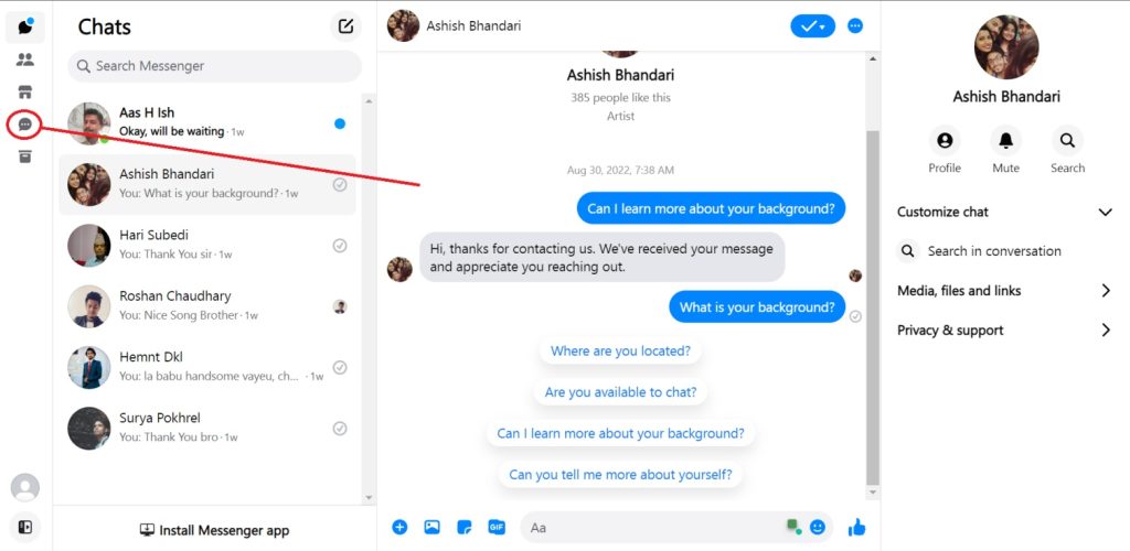 Solicitudes de mensajes en el sitio web de Messenger