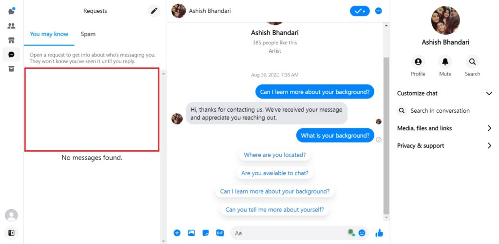 Solicitudes de mensajes en el sitio web de Messenger 