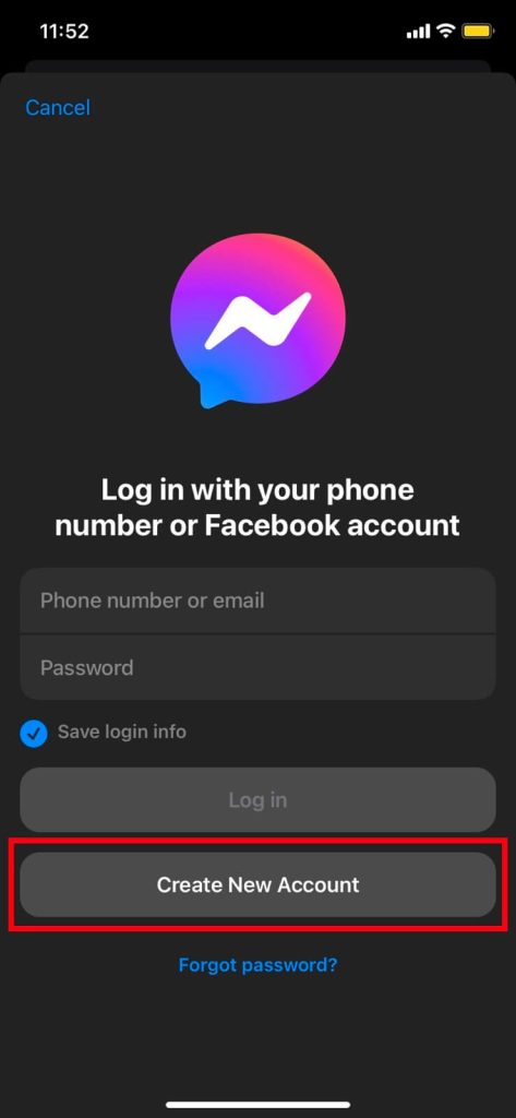 Página de inicio de Messenger en iOS
