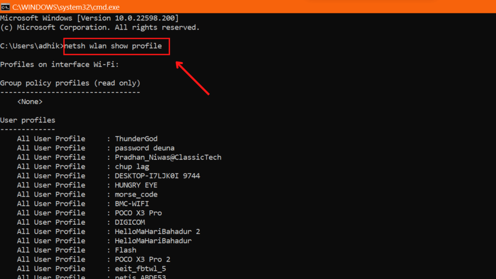 Ver la contraseña wifi en la computadora usando el símbolo del sistema