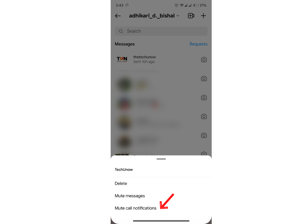 Silenciar las notificaciones de llamadas de Instagram de alguien en la aplicación móvil