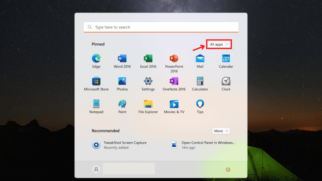 Esta imagen muestra cómo encontrar el panel de control utilizando las herramientas del menú de inicio de Windows