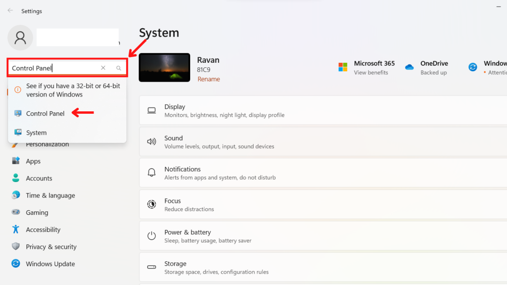 Esta imagen muestra una forma de encontrar el panel de control en la configuración.