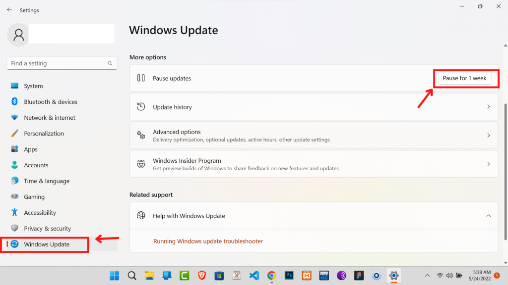 Imagen que muestra cómo pausar las actualizaciones de Windows 11 durante 1 semana